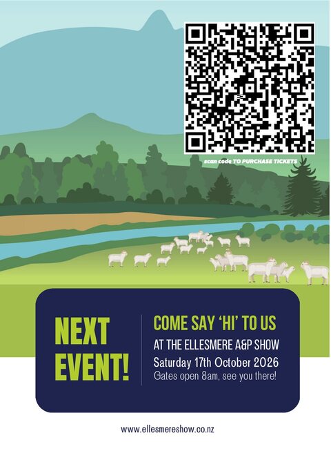Ellesmere A&P Show A4 poster with a QR code for tickets